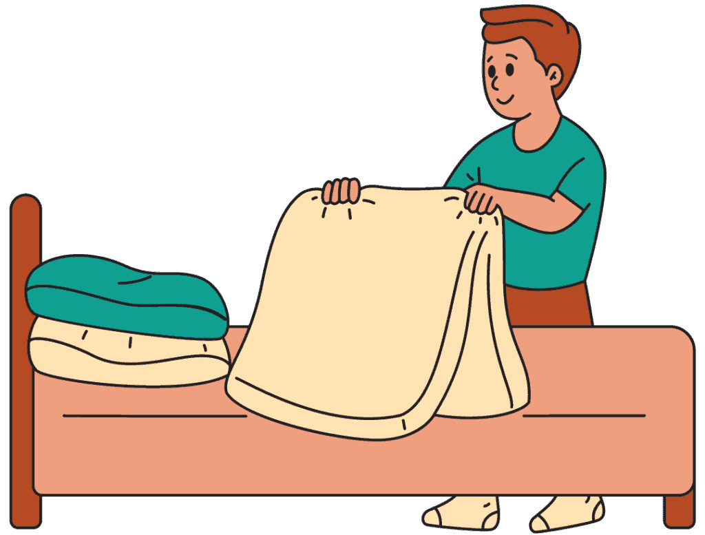 Cartoon illustration of man making bed