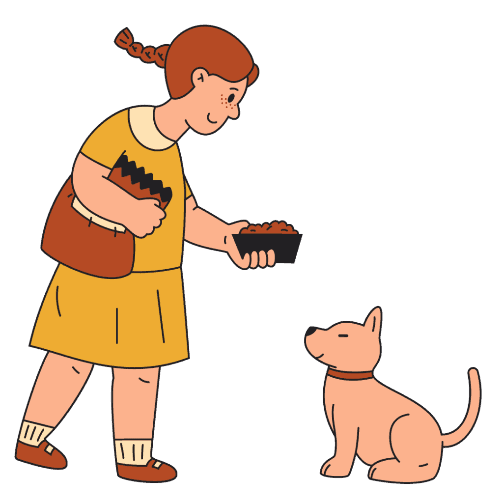 Cartoon illustration of woman feeding dog