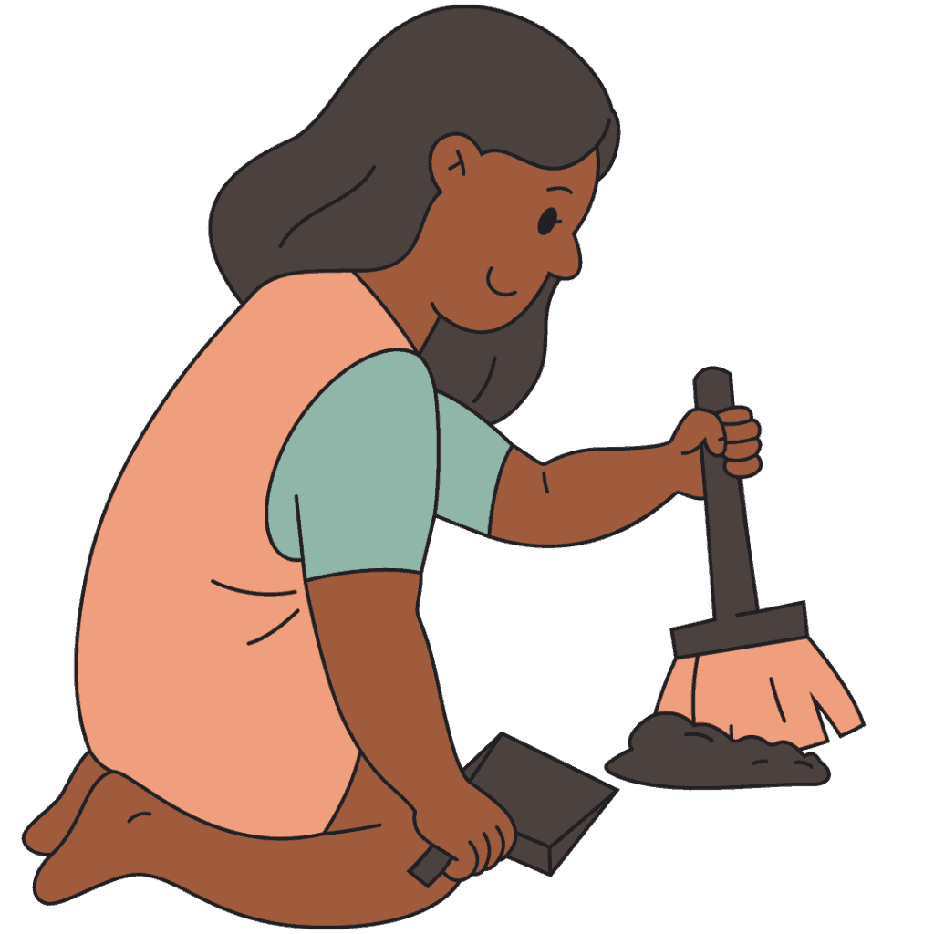 Cartoon illustration of woman sweeping up floor