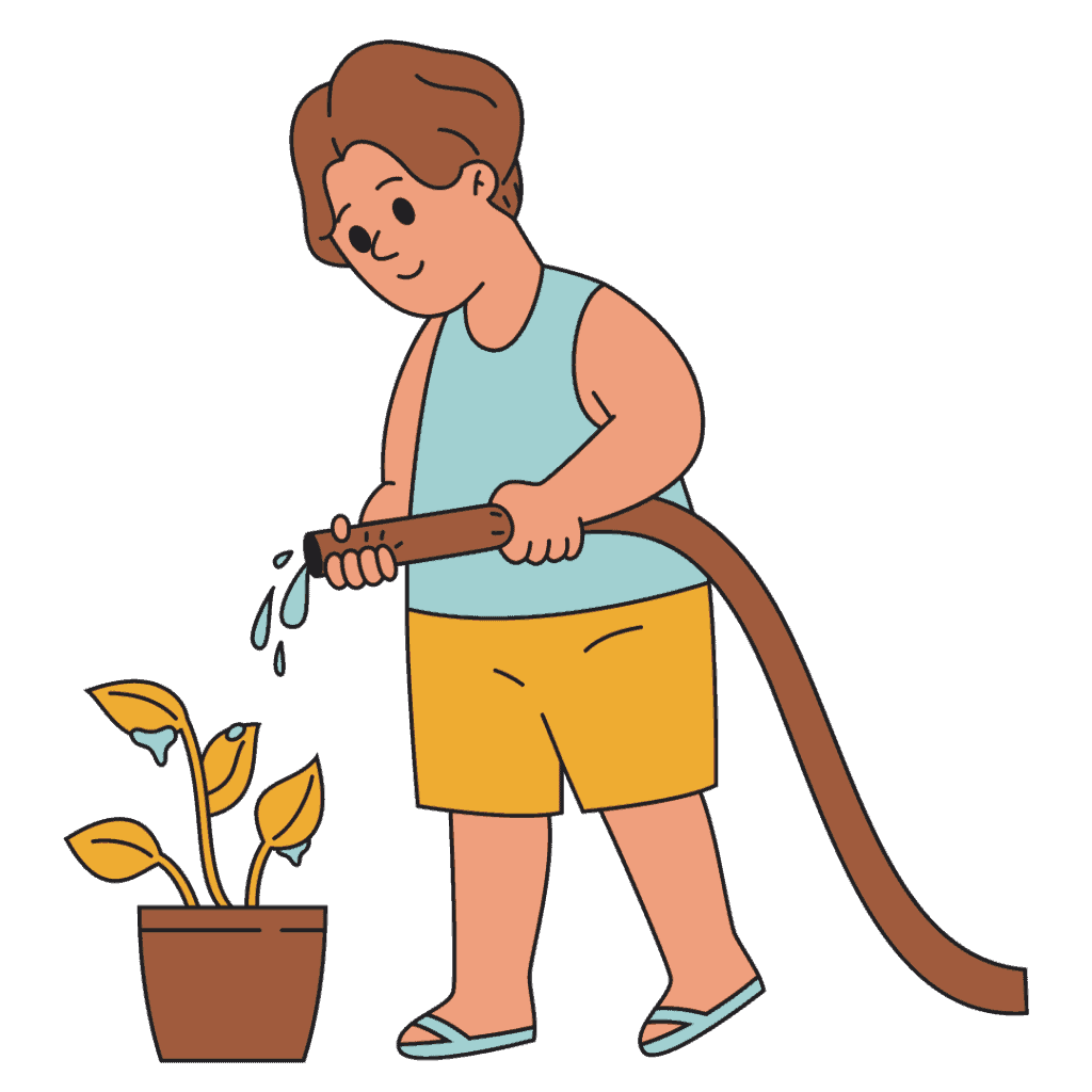 Cartoon illustration of man watering plants