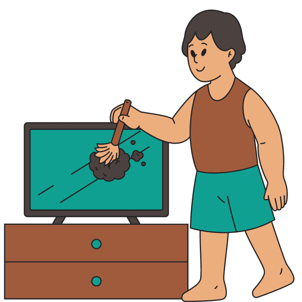 Cartoon illustration of man dusting television