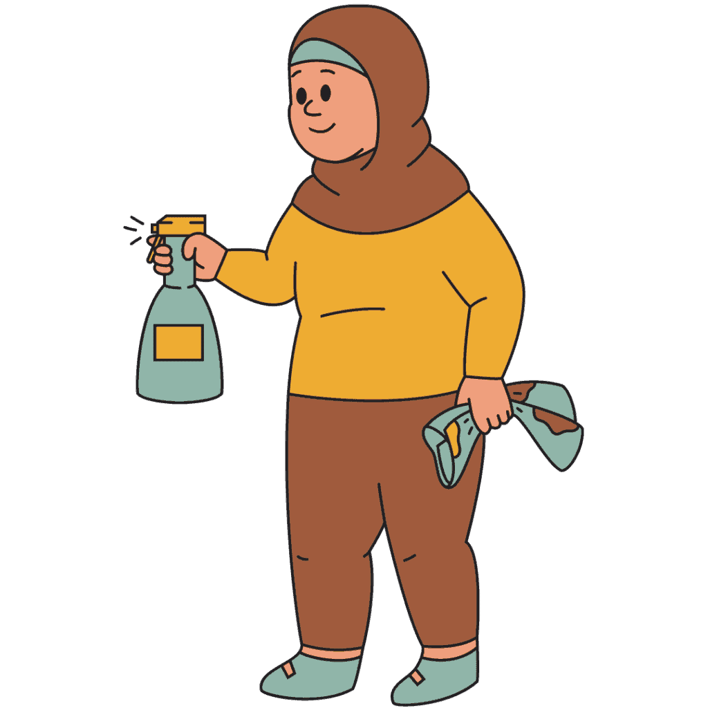 Cartoon illustration of woman using a spray bottle and rag