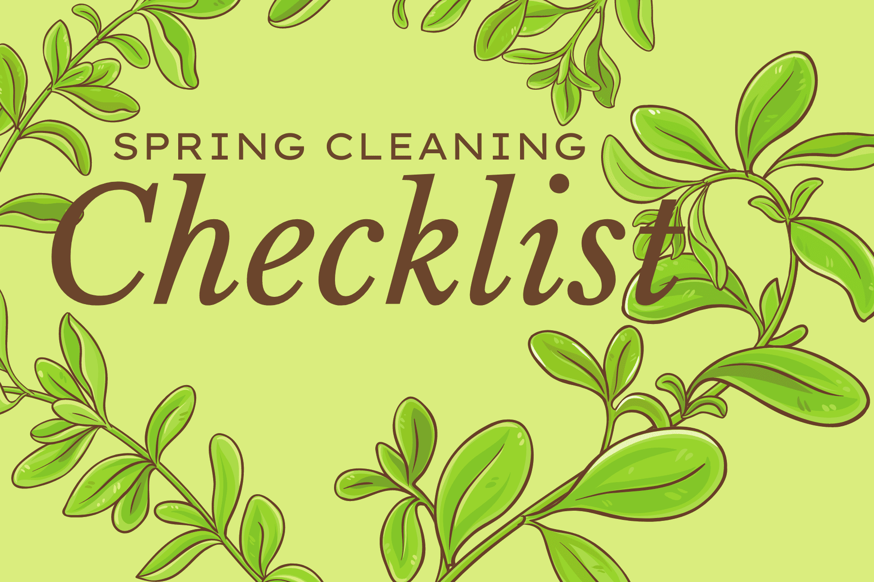 Spring Cleaning Checklist on light green background with botanical accents